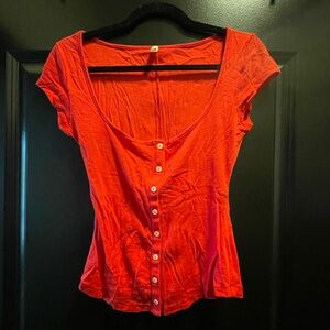 Free People rib crop button front top with scoopneck & cap sleeves in cherry red